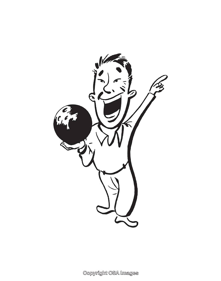 Black and White Line Art of a Cheerful Bowling Individual