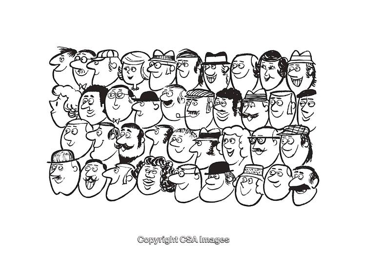 Black and White Line Art Crowd Illustration Featuring Expressions