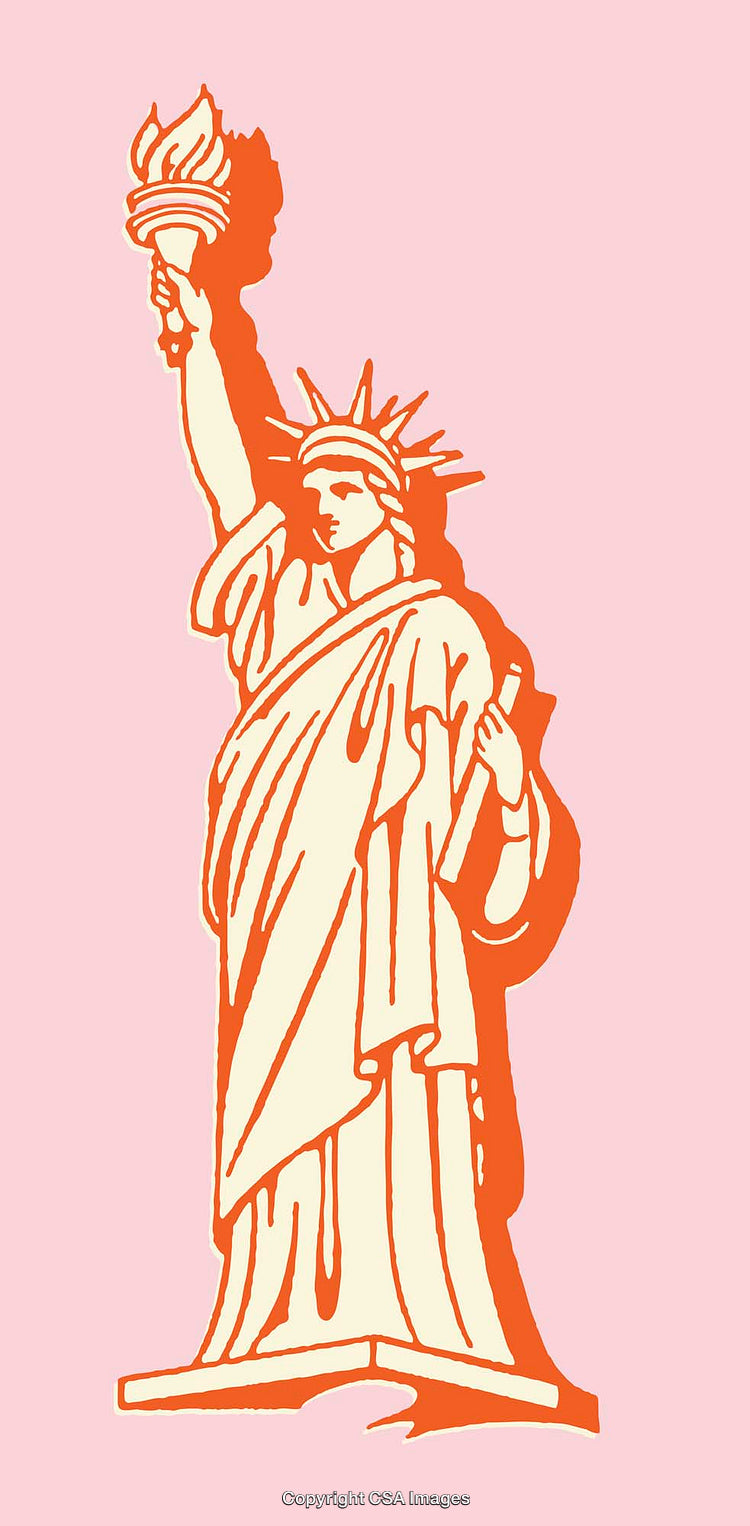 Colorful Line Art Illustration of the Statue of Liberty on Pink Background