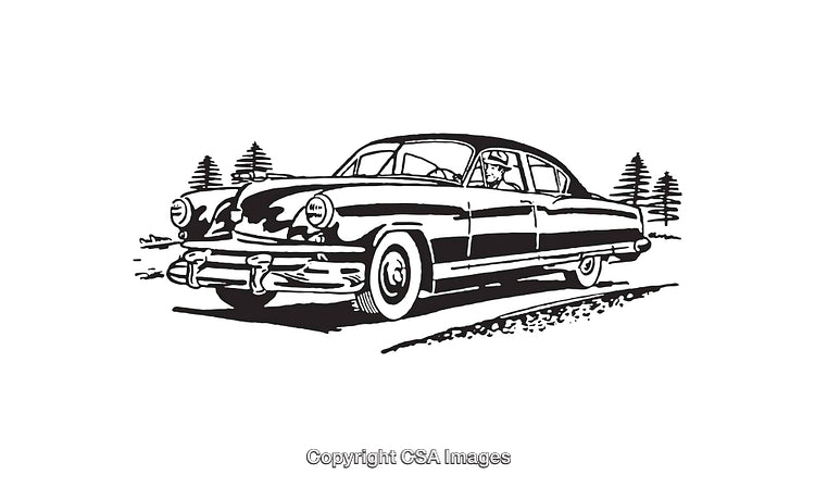 Classic Black and White Line Art of a Vintage Automobile