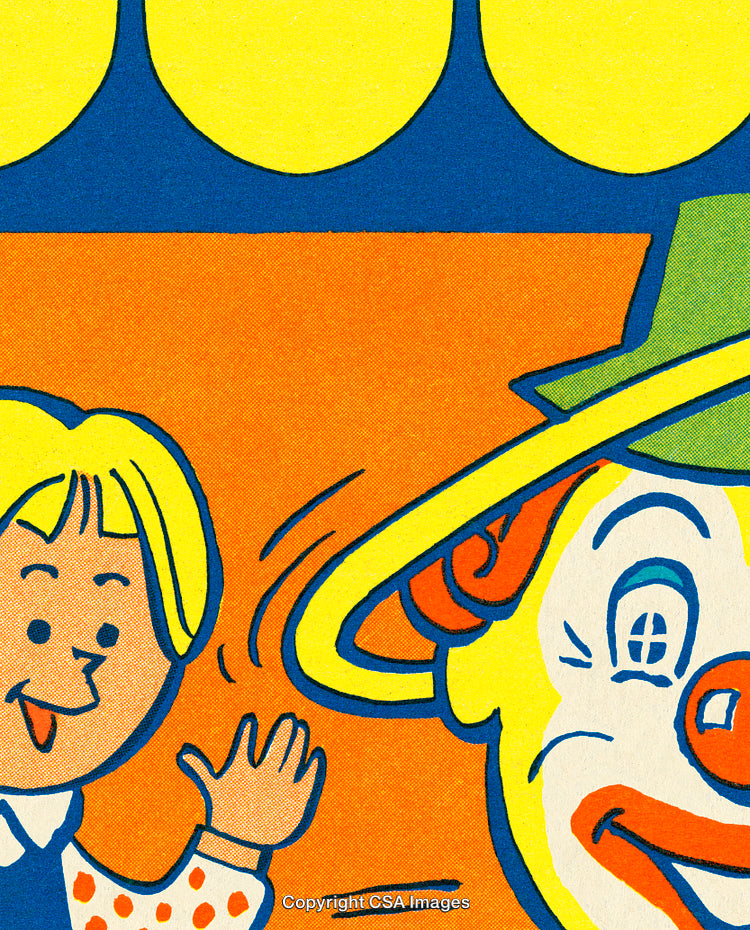 Colorful Illustration of a Joyful Interaction Between Child and Clown