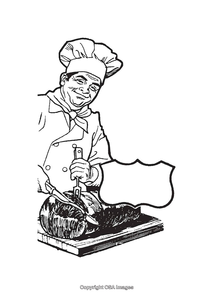 Chef Carving Meat on Cutting Board in Black and White Illustration