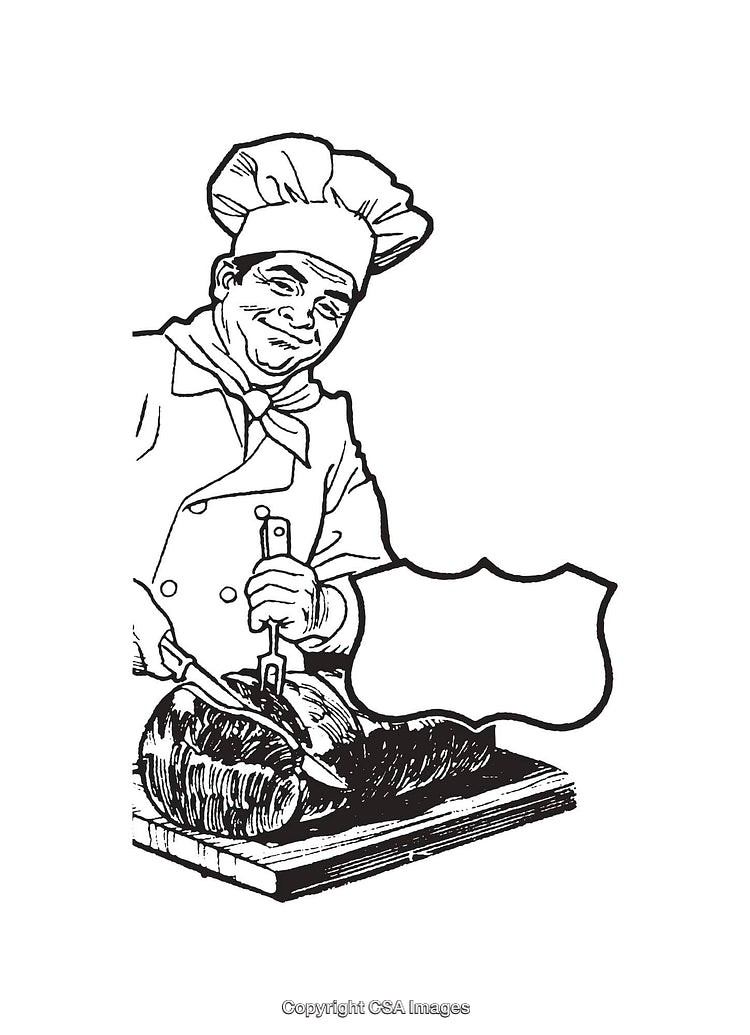 Chef Carving Meat on Cutting Board in Black and White Illustration