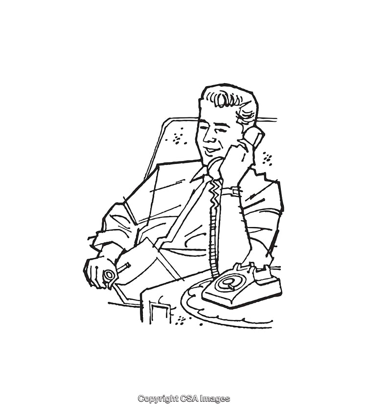 Vintage Line Art of Businessman Using Phone with Desk Accessories