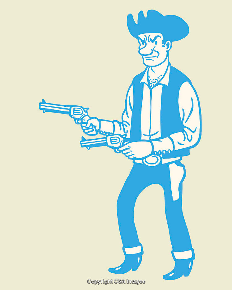 Cartoon Styled Illustration of a Cowboy Holding Two Pistols in a Stance