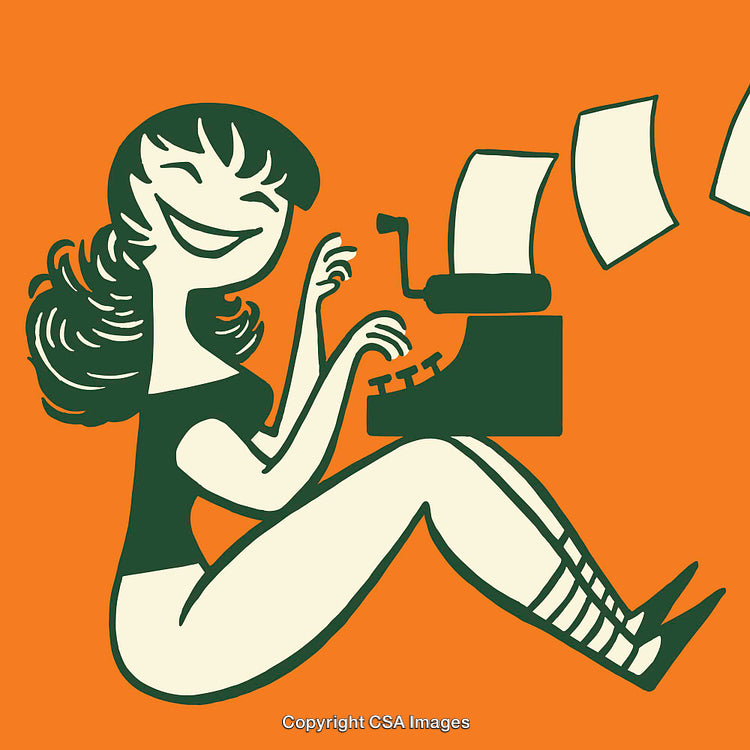 Smiling Woman Typing on Vintage Typewriter with Flying Paper Sheets