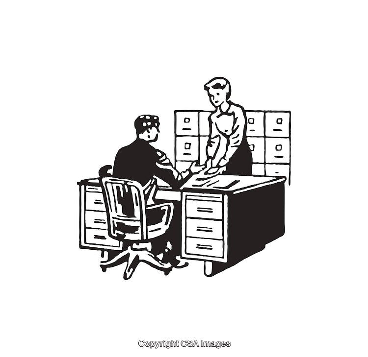 Black and White Line Art of a Business Office Interaction Scene