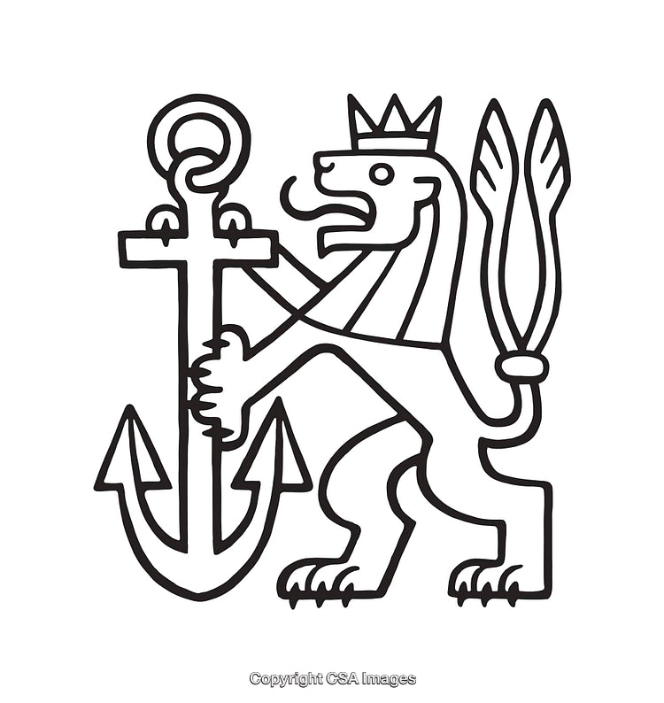 Black and White Line Art of Lion with Anchor Symbol