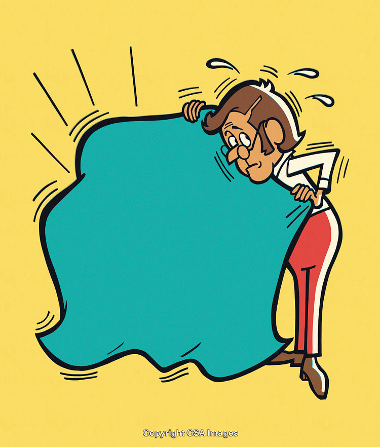 Cartoon Character Sweating While Holding a Large Cloth on Yellow Background