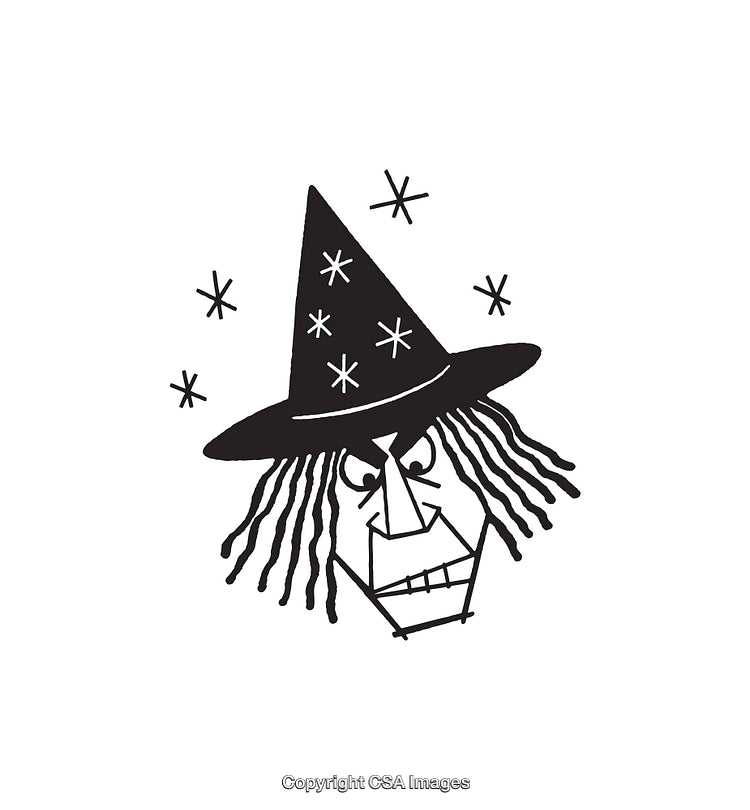 Black and White Witch Illustration with Star Accents and Hat