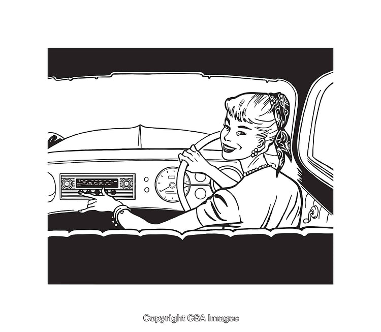 Retro Illustration of Woman Driving and Using Car Radio in Black and White
