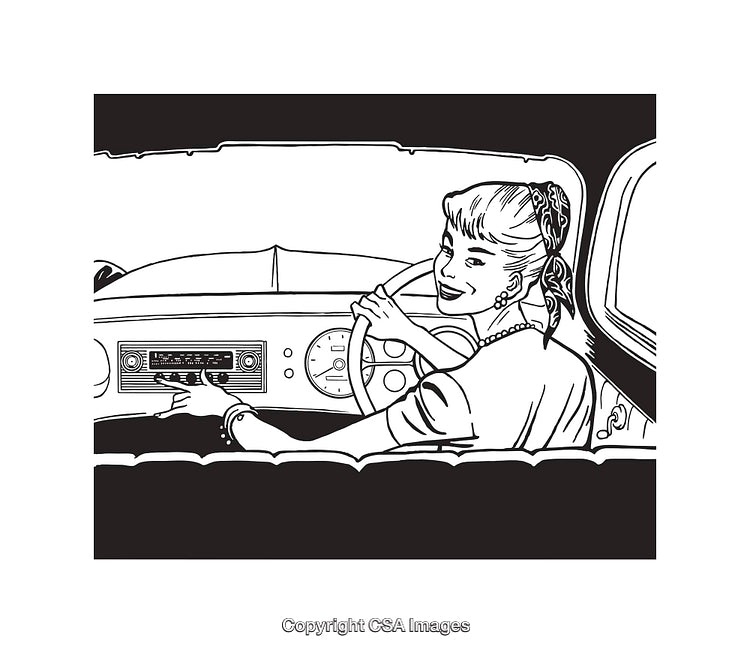 Retro Illustration of Woman Driving and Using Car Radio in Black and White