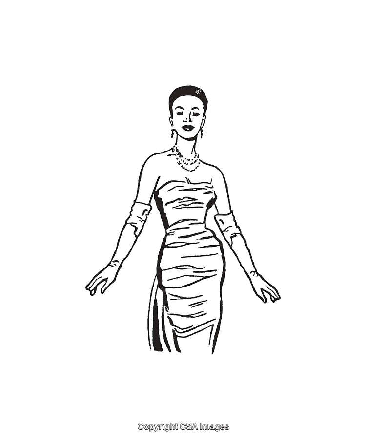 Elegant Fashion Illustration of a Woman in Vintage Evening Attire