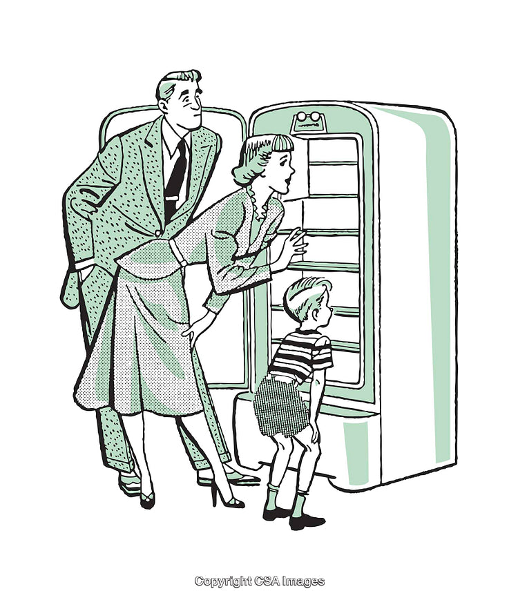Retro Illustration of Family Exploring an Empty Refrigerator