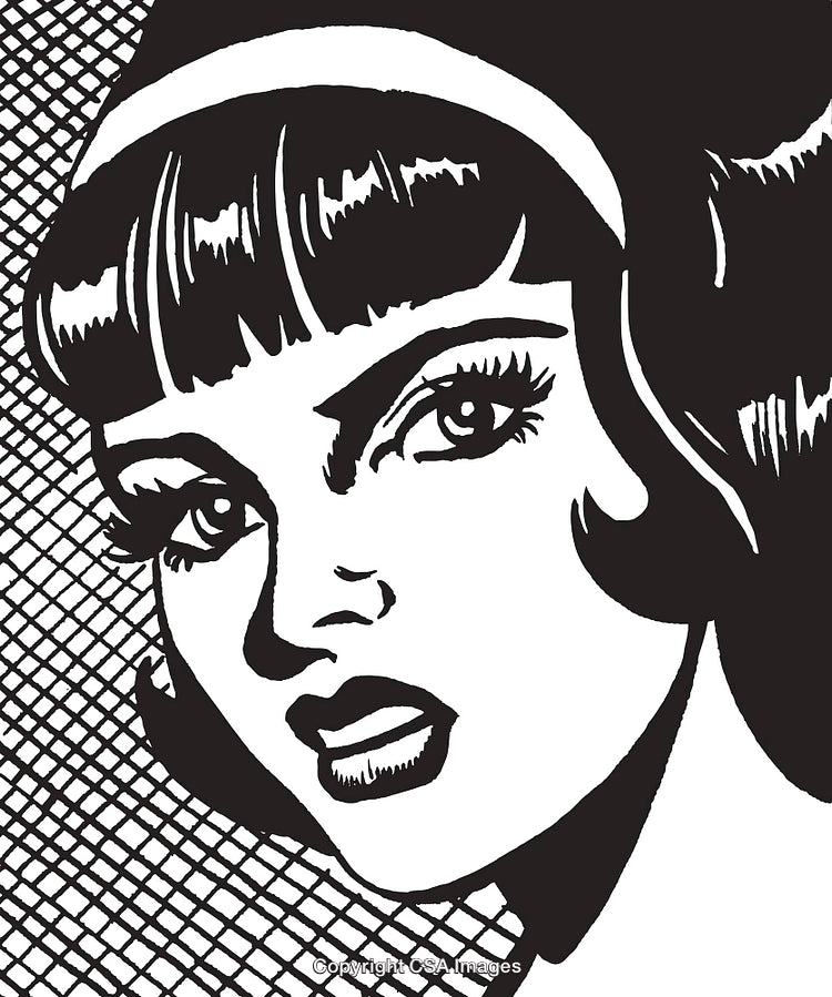 Close-Up Black-and-White Illustration of a Woman in Graphic Pop Art Style