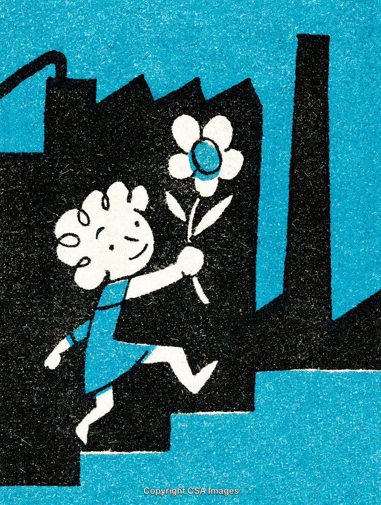Child Climbing Stairs with Flower Against Industrial Backdrop Illustration