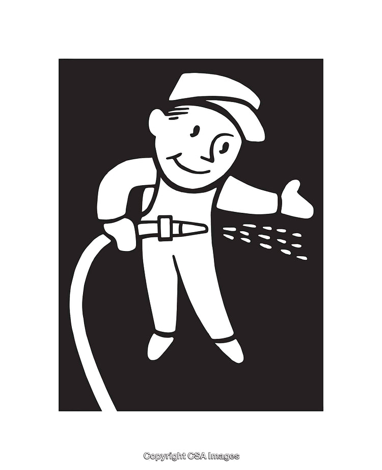 Black and White Line Art of a Happy Worker with a Hose