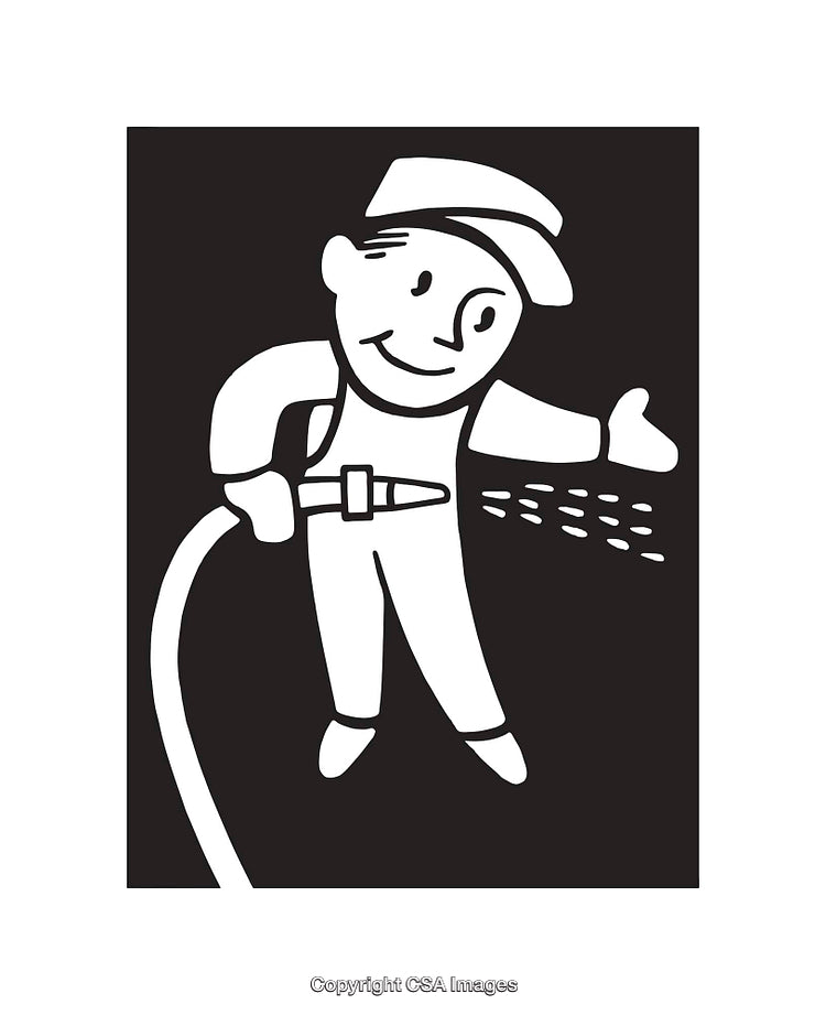 Black and White Line Art of a Happy Worker with a Hose