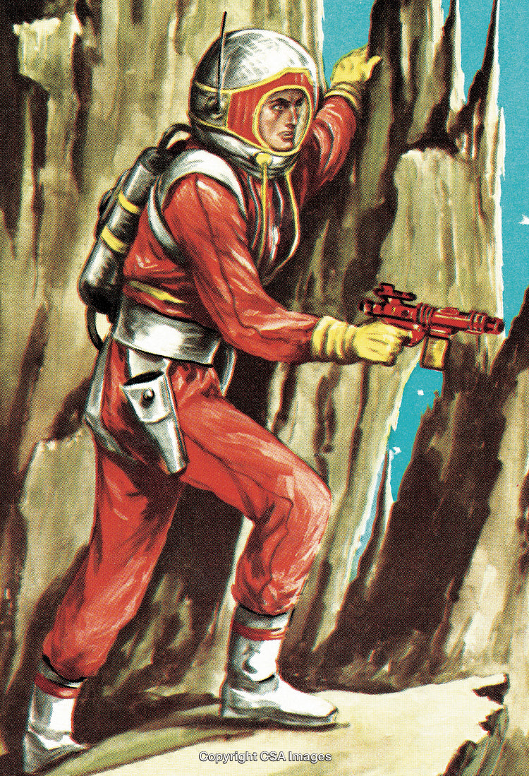 Retro Sci-Fi Illustration of Astronaut Exploring an Alien Landscape