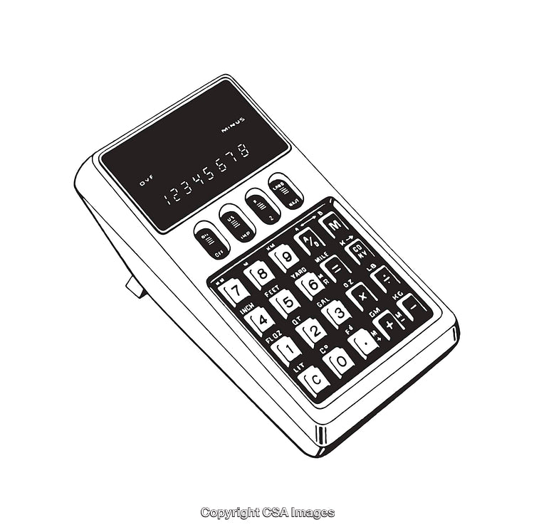 Black and White Line Art Illustration of a Detailed Calculator