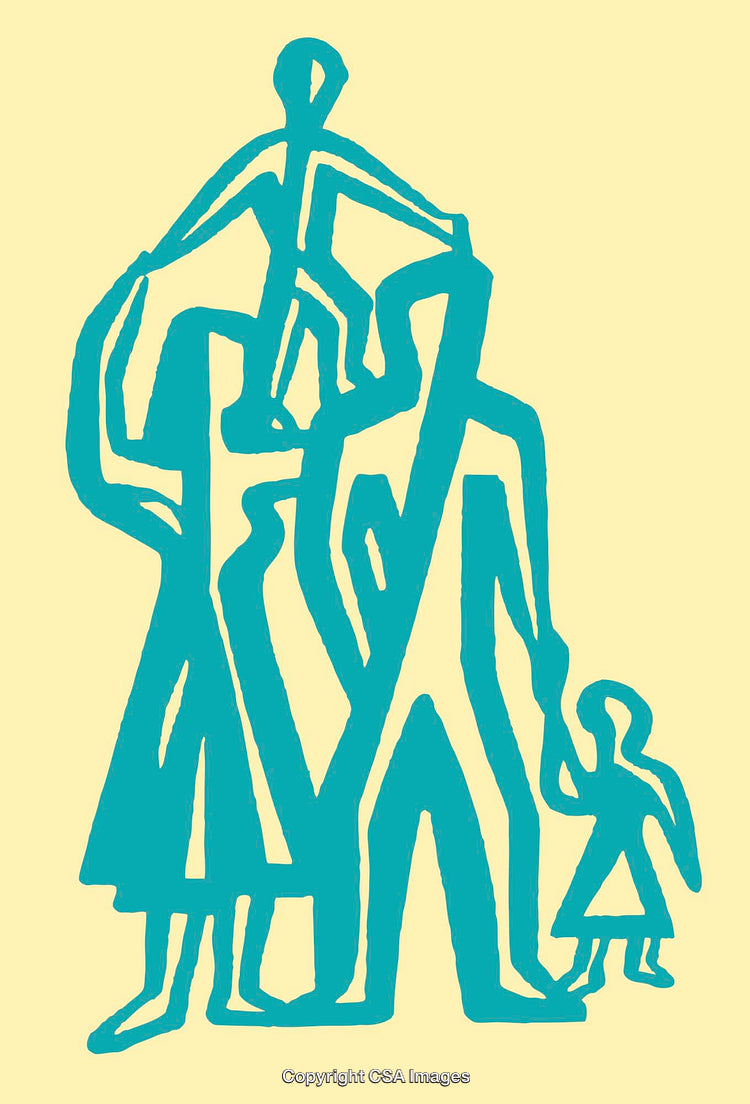 Abstract Line Art Depiction of a Family in Blue on a Yellow Background