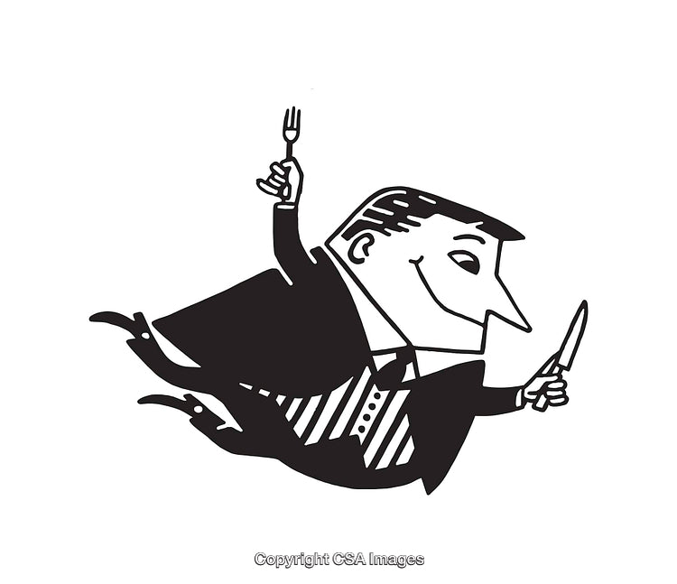 Elegant Black and White Illustration of a Joyful Person With Utensils
