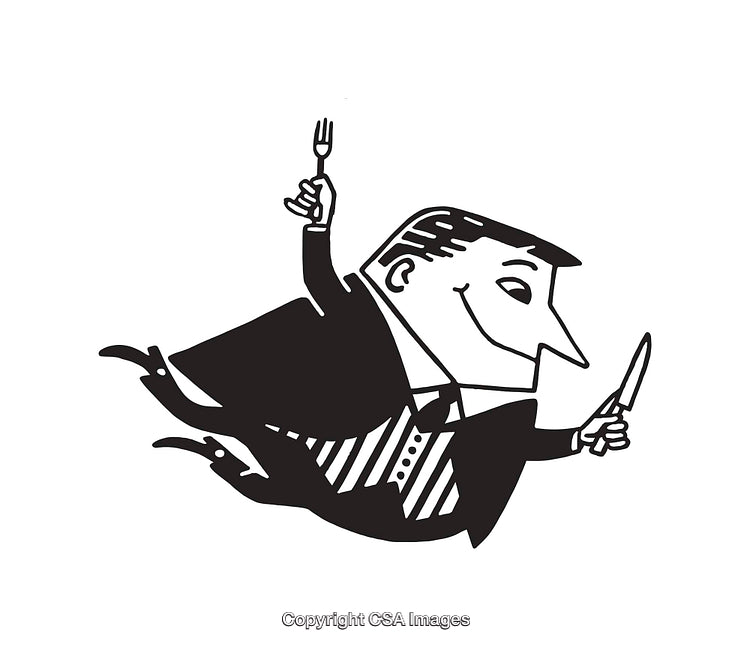 Elegant Black and White Illustration of a Joyful Person With Utensils