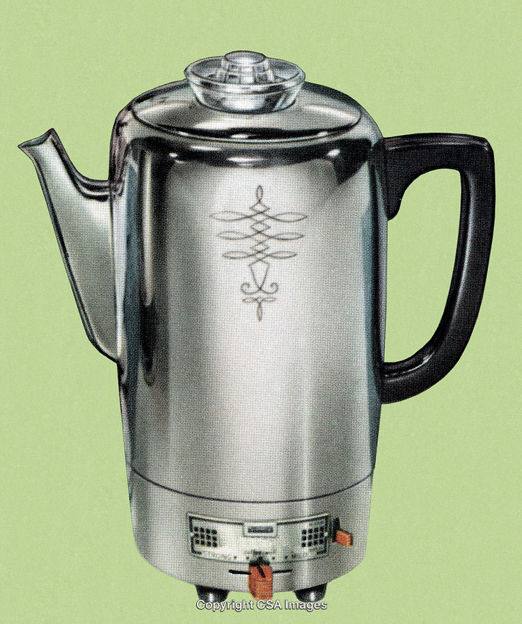 Retro Electric Coffee Percolator With Black Handle on Green Background