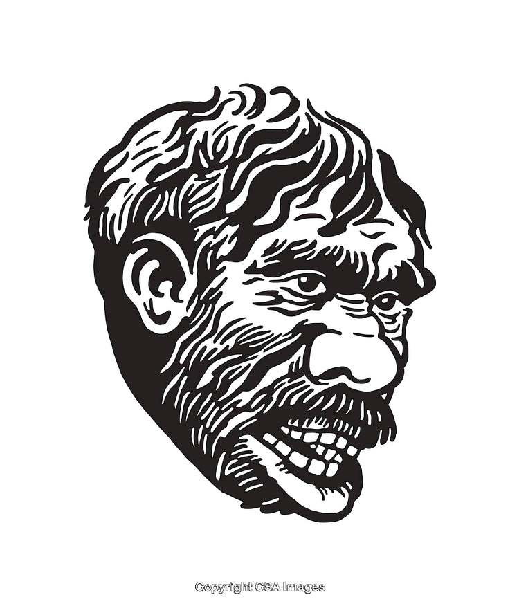 Vintage Black and White Illustration of a Character Face in Line Art