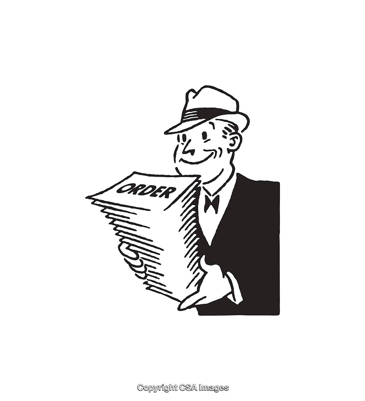 Vintage Illustration of a Smiling Businessman Holding an Order Stack