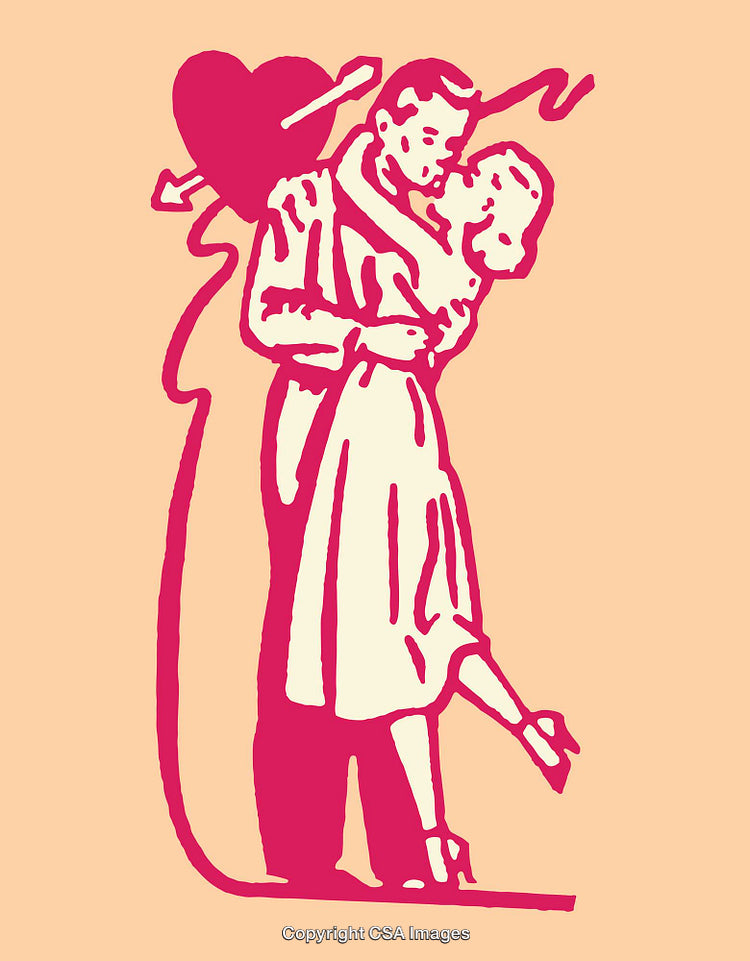 Romantic Couple Embracing with Heart Arrow Illustration in Retro Style