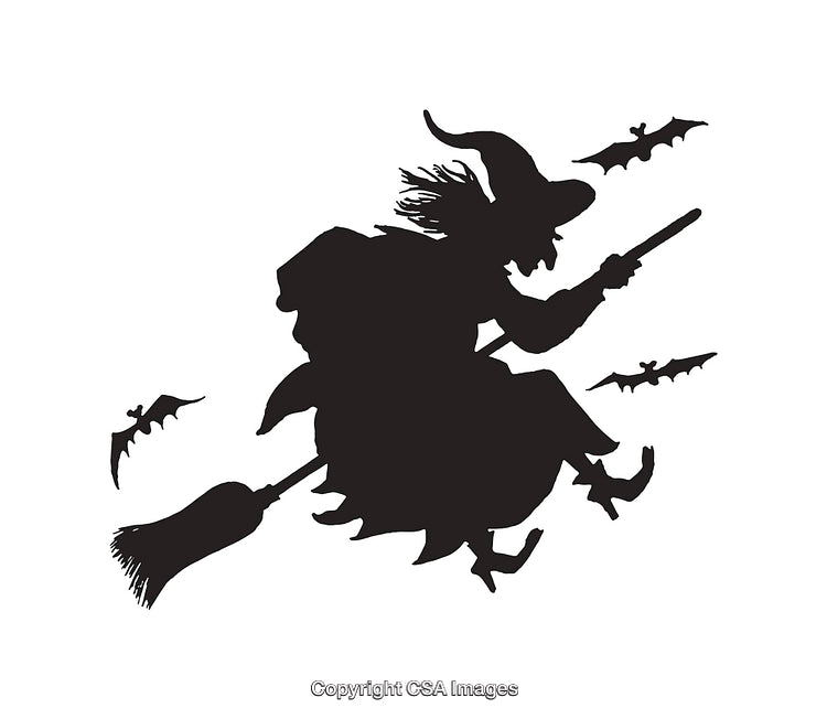 Silhouette of Witch Flying on Broomstick with Bats in Halloween Theme