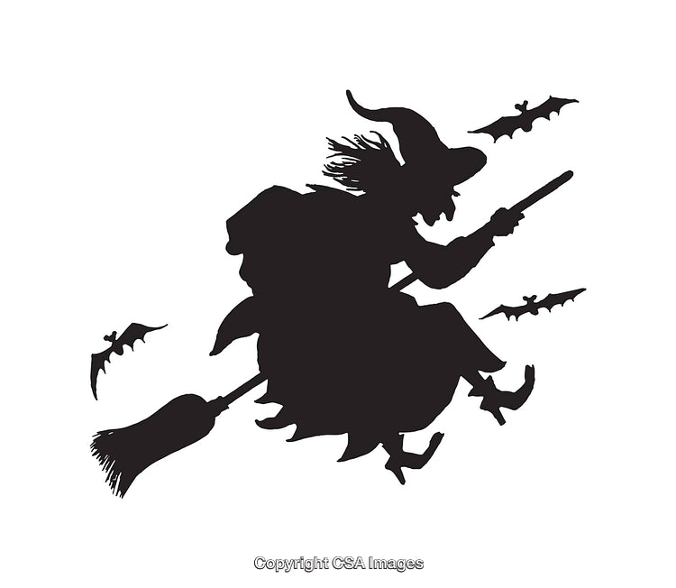 Silhouette of Witch Flying on Broomstick with Bats in Halloween Theme