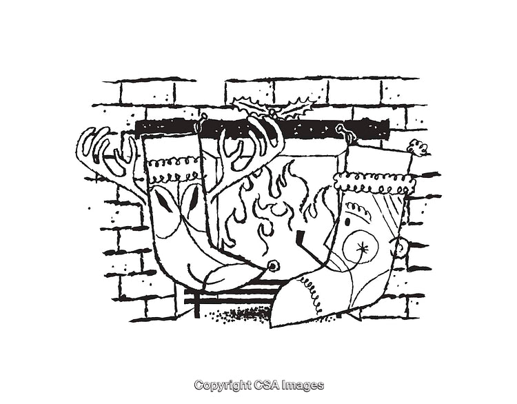 Black and White Line Art of Stockings Hanging Over Fireplace