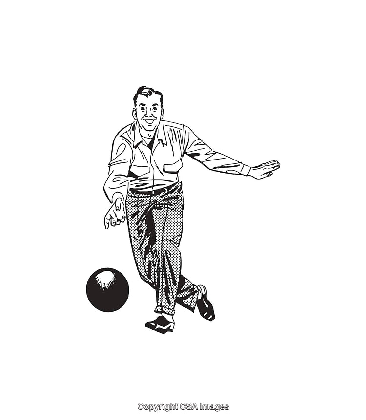 Retro Black and White Illustration of Man Playing Bowling