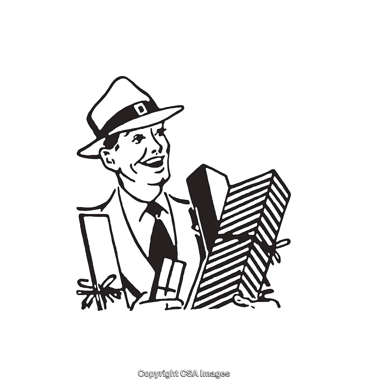 Retro Illustration of a Smiling Man Holding Gifts in Black and White