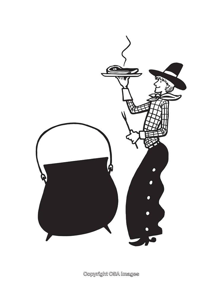 Vintage Black and White Illustration of Chef by a Cooking Pot