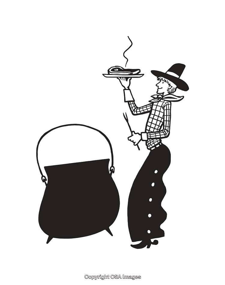 Vintage Black and White Illustration of Chef by a Cooking Pot