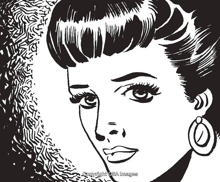Monochrome Portrait of a Woman in Retro Illustration Style With Earrings