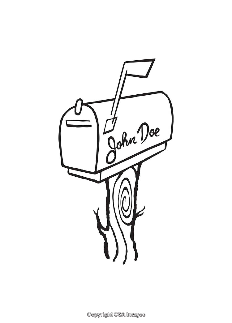 Black and White Line Art Illustration of a Mailbox with Text