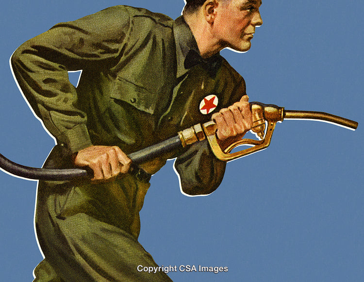 Vintage Gas Station Attendant in Uniform Holding Fuel Pump on Blue Background