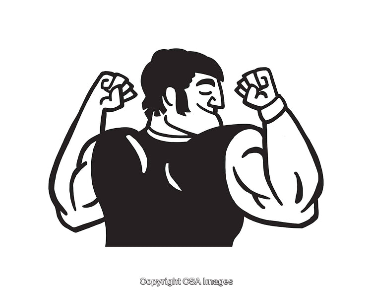 Black and White Illustration of a Muscular Man Flexing His Arms