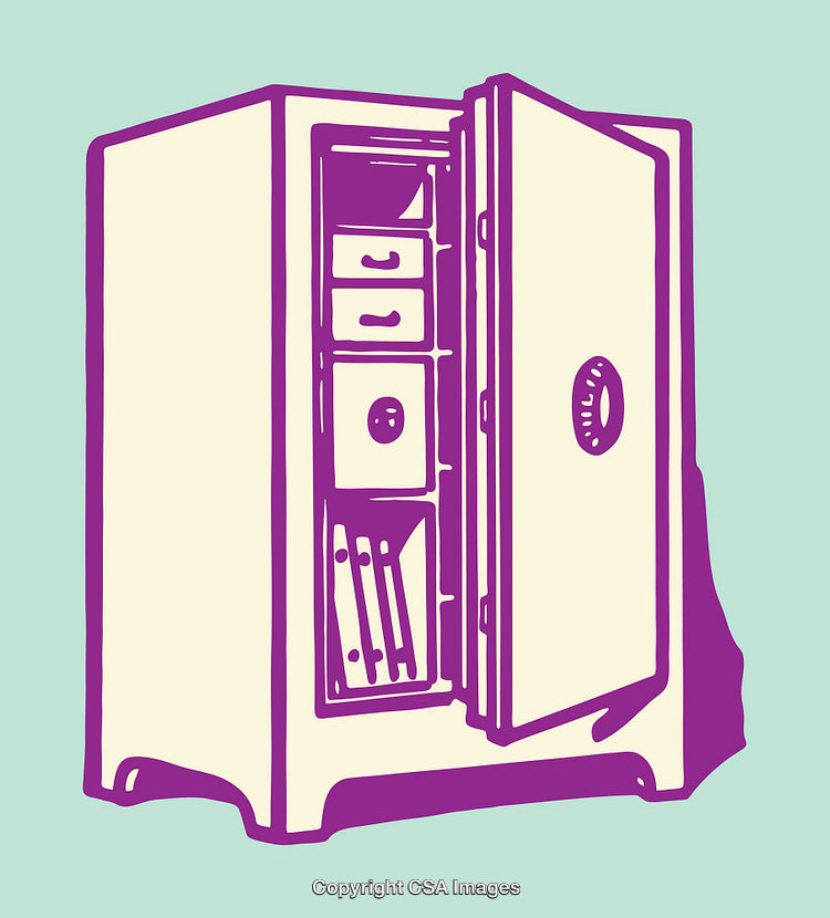 Colorful Line Art Illustration of an Open Safe with Contents Visible