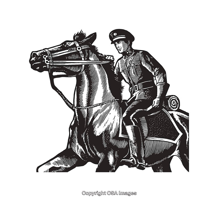 Black and White Illustration of Historical Figure on Horseback