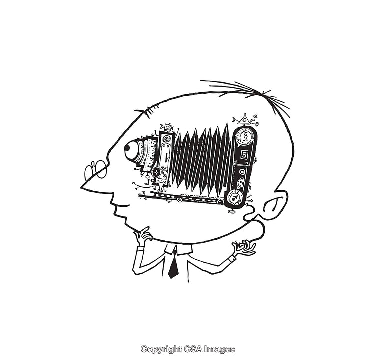 Surreal Line Art Illustration of a Face Integrating a Retro Camera