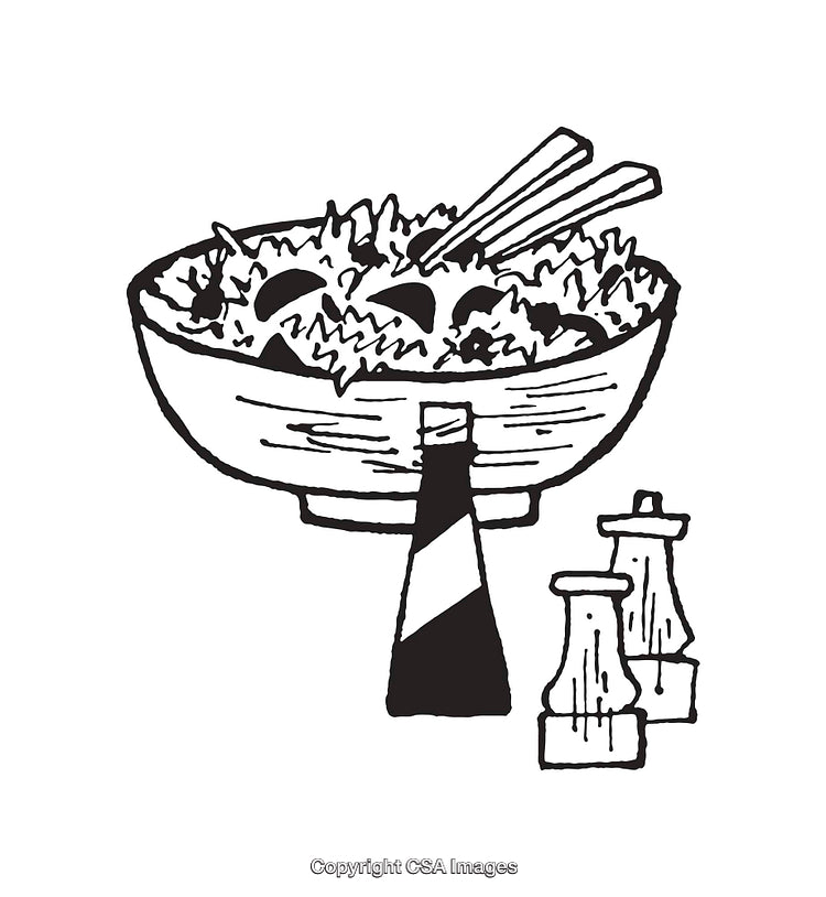 Black And White Illustration of a Salad Bowl with Utensils and Condiments