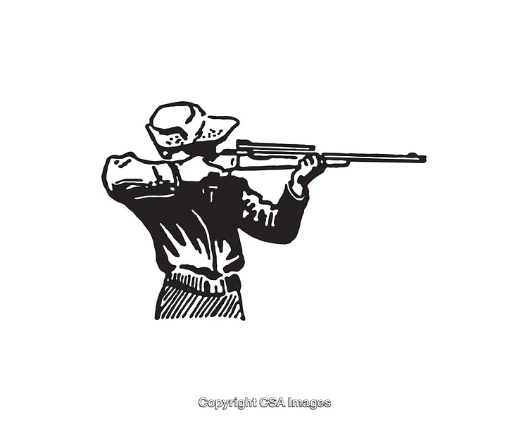Vintage Black and White Line Art of a Man Shooting a Rifle