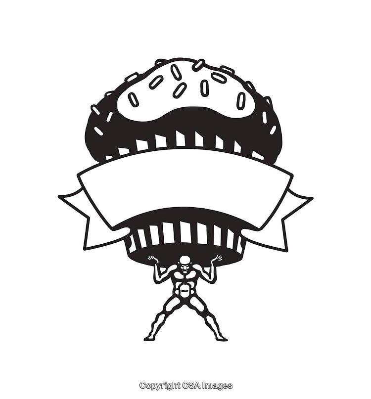 Strength Symbol of Figure Supporting a Cupcake with Sprinkles and Banner