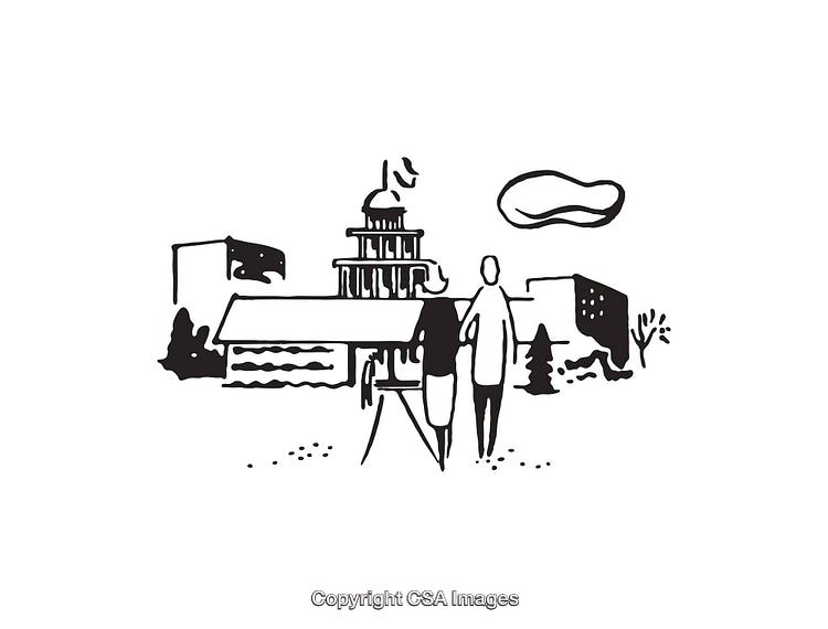 Black and White Line Art of Two Figures with Urban Scene