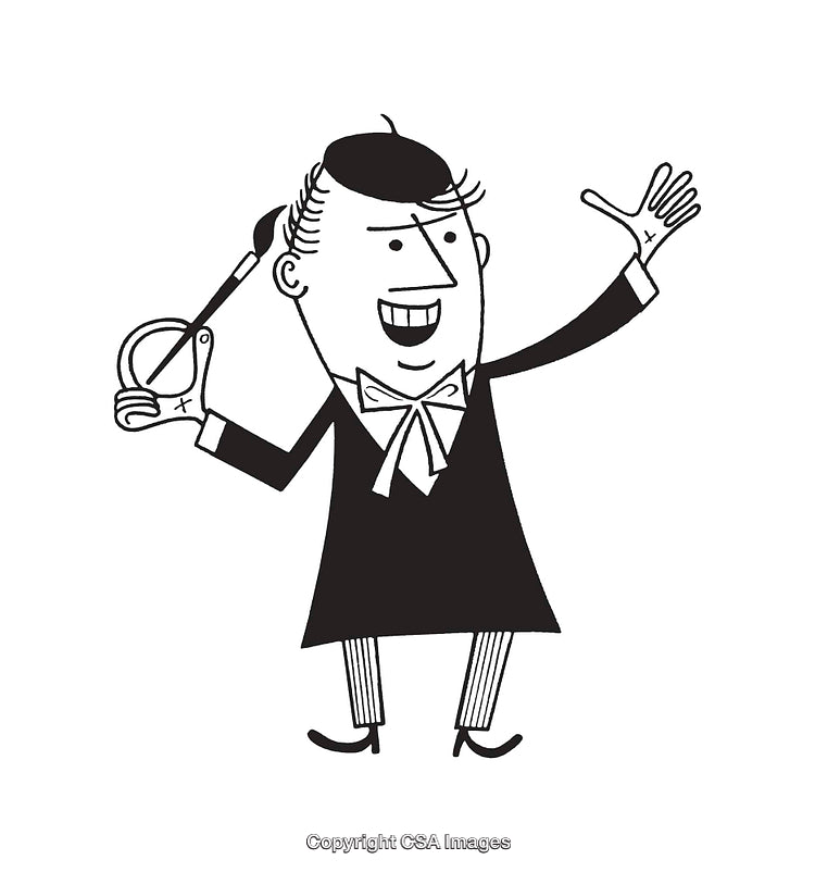 Black And White Line Art Illustration of a Cheerful Character With Props